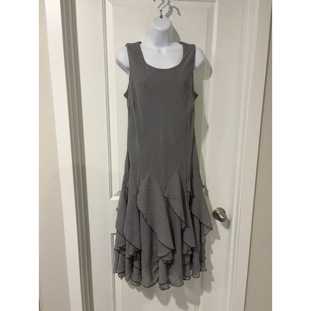 Amanda Smith Black Striped Midi Dress ~12~Sleeveless Chiffon Ruffle Hem Fairy